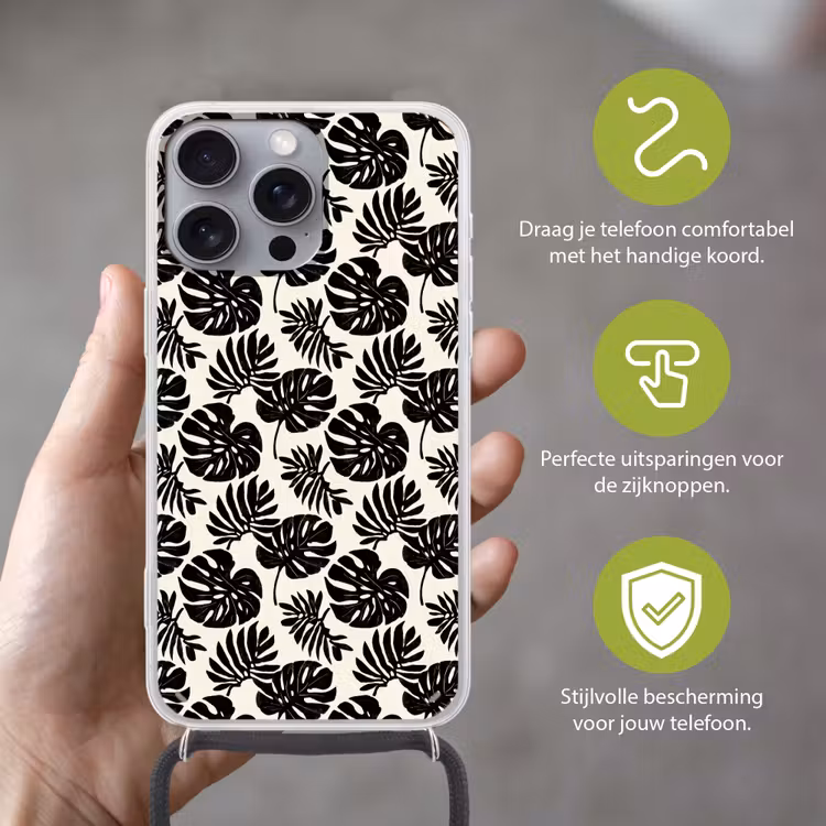 Modern - Monstera - Zwart Hoesje iPhone 16 Pro Max met koord klein 804 -sfeer2_NL