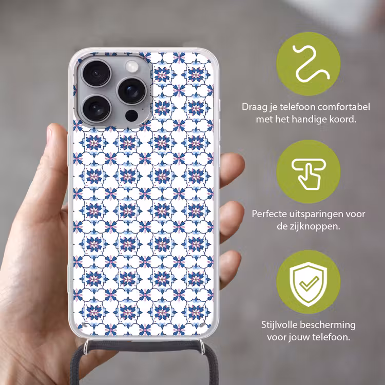 Modern - Patroon - Blauw - Roze Hoesje iPhone 16 Pro Max met koord klein 804 -sfeer2_NL