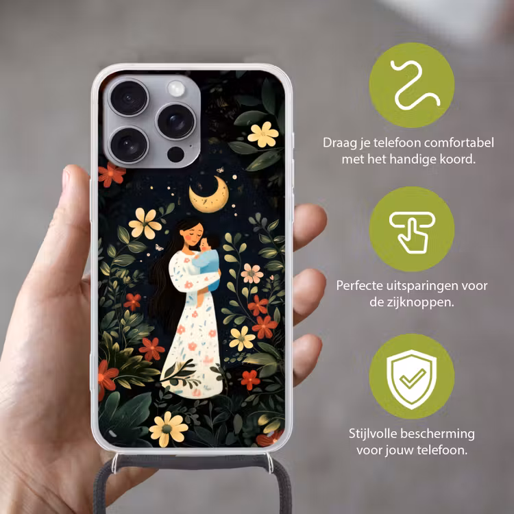 Moeder - Kind - Kleurrijk - Bloemen Hoesje iPhone 16 Pro Max met koord klein -sfeer2_NL