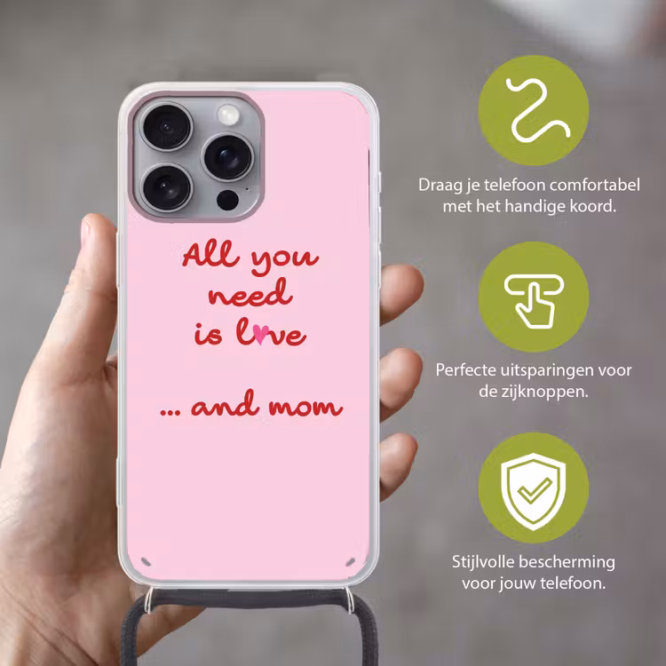 Moeder - Love - Tekst - Rood Hoesje iPhone 16 Pro Max met koord klein -sfeer2_NL