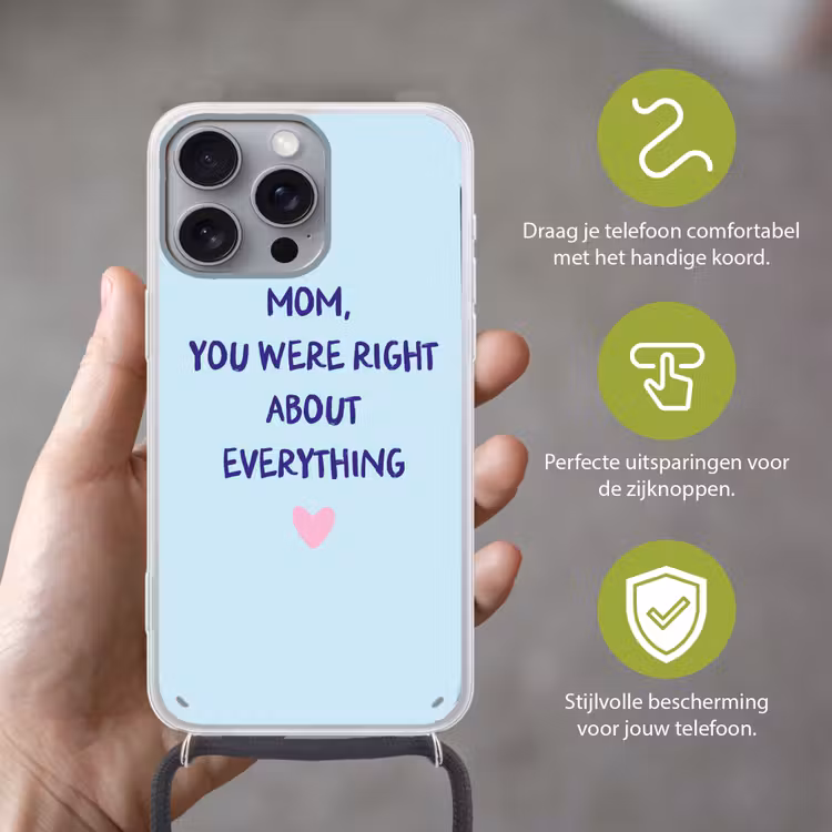 Moeder - Quote - Blauw Hoesje iPhone 16 Pro Max met koord klein -sfeer2_NL