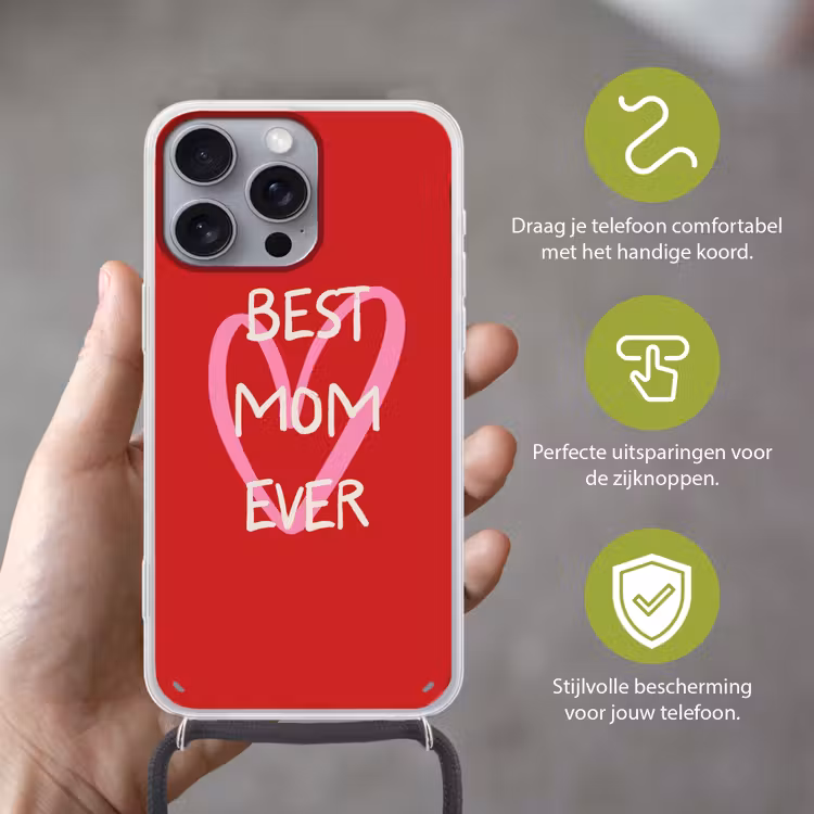 Moeder - Quote - Hartje - Rood Hoesje iPhone 16 Pro Max met koord klein -sfeer2_NL
