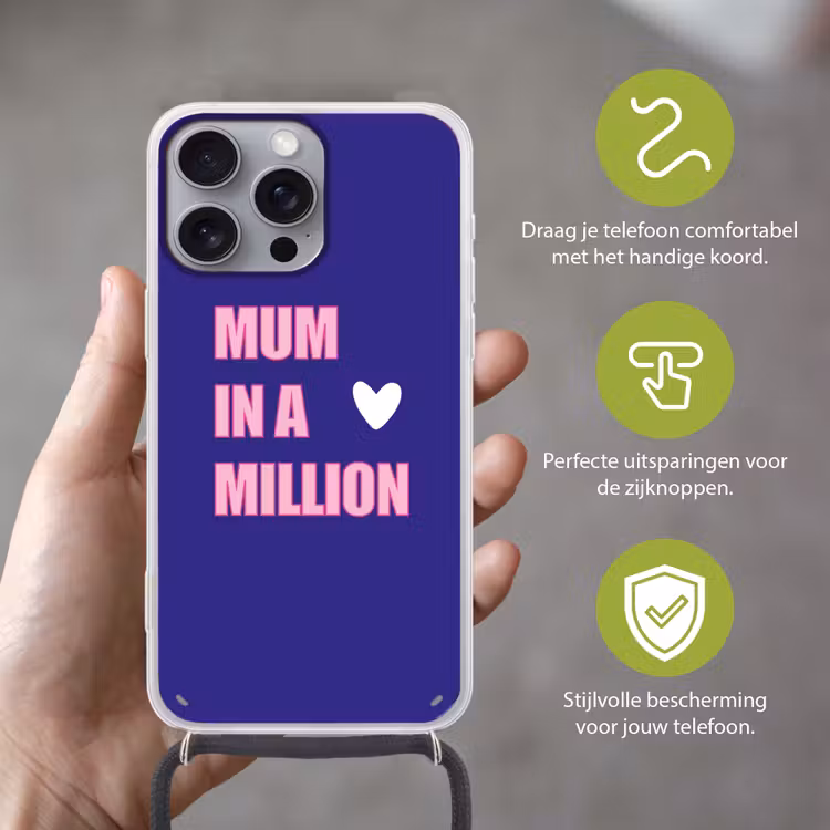 Moeder - Tekst - Blauw - Hartje Hoesje iPhone 16 Pro Max met koord klein -sfeer2_NL