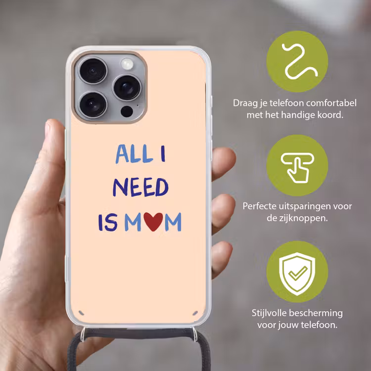 Moeder - Tekst - Hartje - Rood Hoesje iPhone 16 Pro Max met koord klein -sfeer2_NL