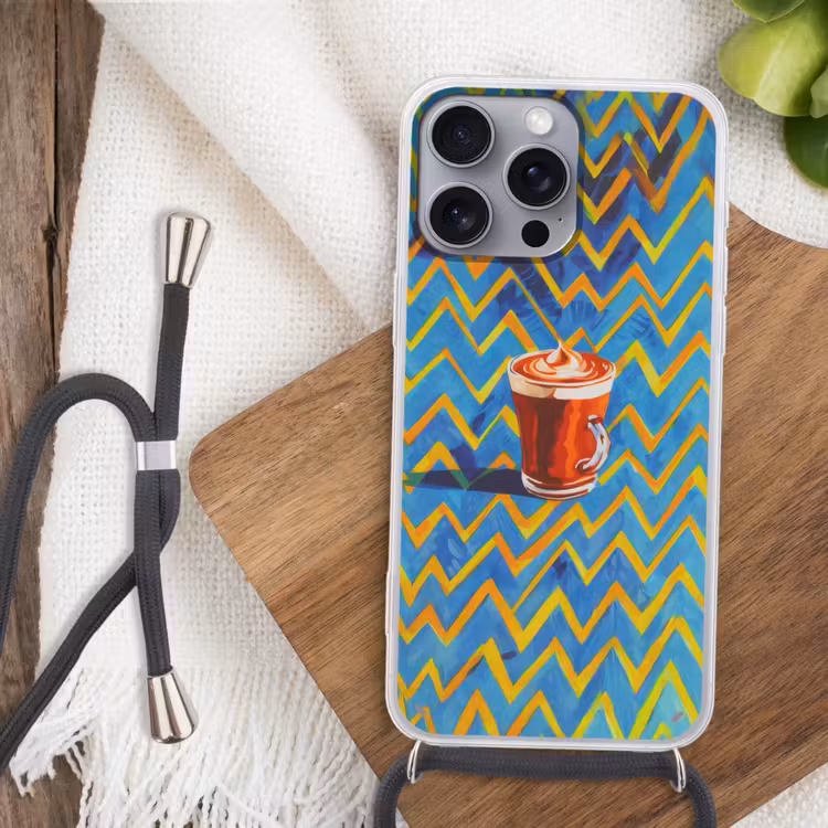 Mok - Koffie - Zigzag - Slagroom Hoesje iPhone 16 Pro Max met koord klein -sfeer4