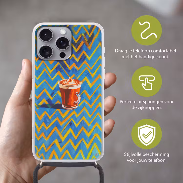 Mok - Koffie - Zigzag - Slagroom Hoesje iPhone 16 Pro Max met koord klein -sfeer2_NL