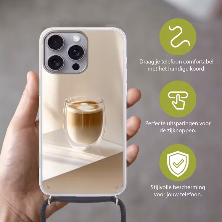 Mok - Latte - Minimalistisch - Schaduw Hoesje iPhone 16 Pro Max met koord klein -sfeer2_NL