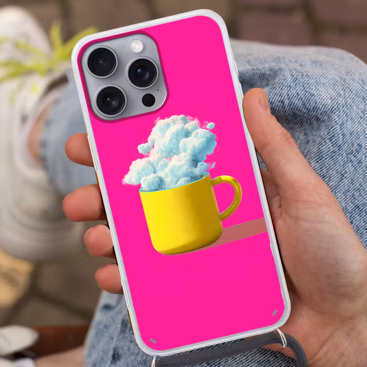 Mok - Wolken - Roze - Minimalitisch Hoesje iPhone 16 Pro Max met koord klein -sfeer3