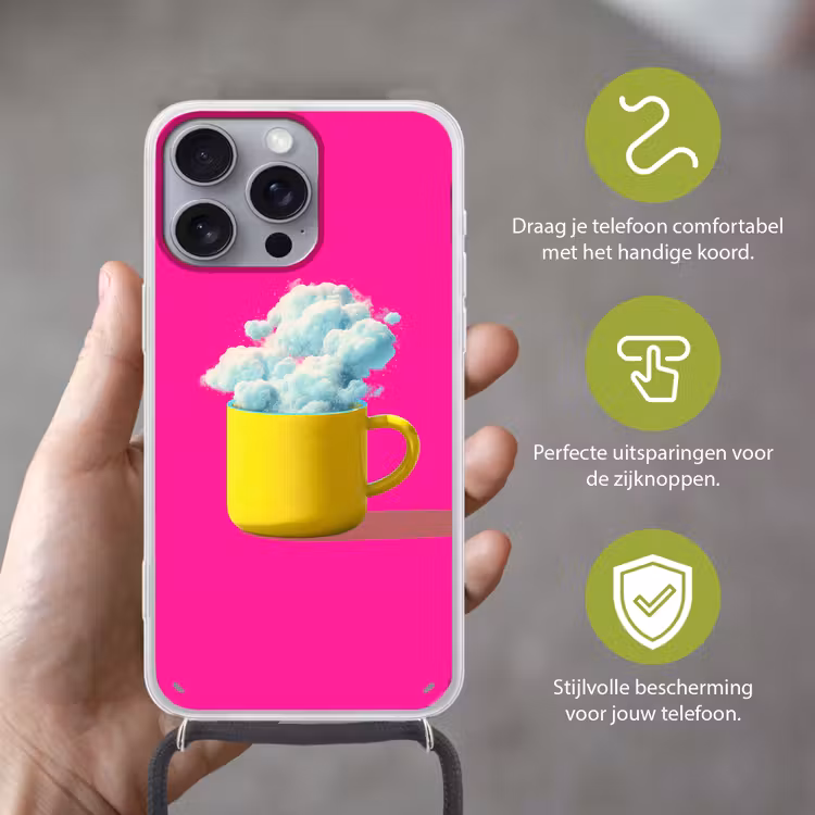 Mok - Wolken - Roze - Minimalitisch Hoesje iPhone 16 Pro Max met koord klein -sfeer2_NL