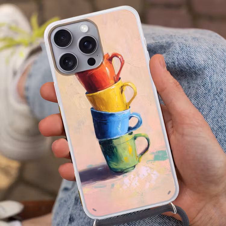 Mokken - Gestapeld - Keramiek - Kleurrijk Hoesje iPhone 16 Pro Max met koord klein -sfeer3