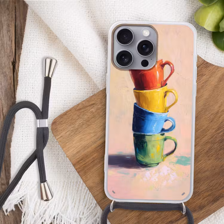 Mokken - Gestapeld - Keramiek - Kleurrijk Hoesje iPhone 16 Pro Max met koord klein -sfeer4
