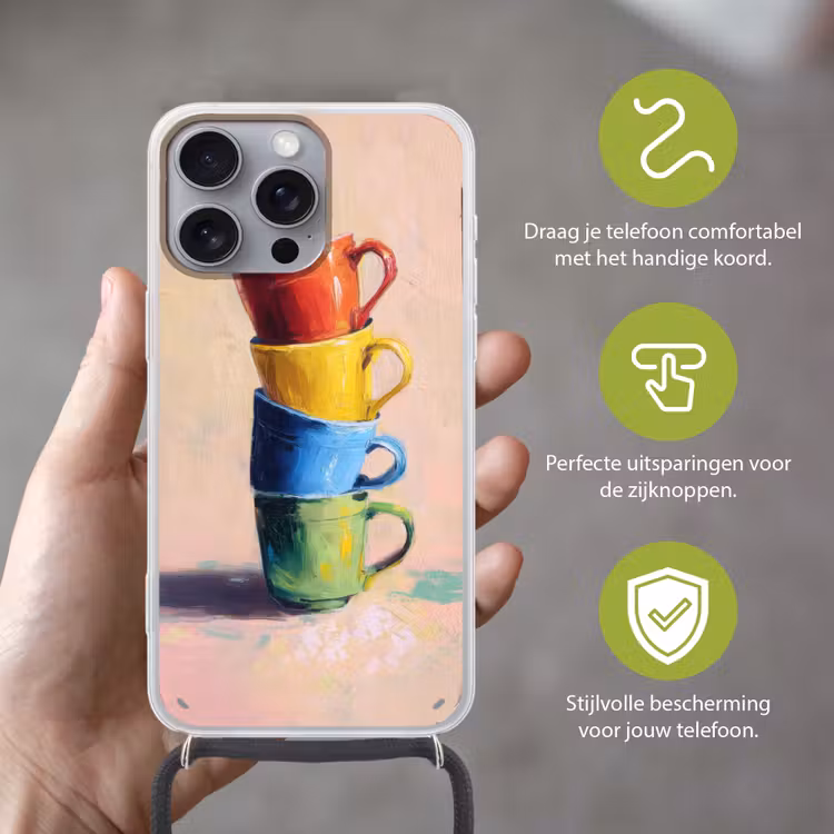 Mokken - Gestapeld - Keramiek - Kleurrijk Hoesje iPhone 16 Pro Max met koord klein -sfeer2_NL