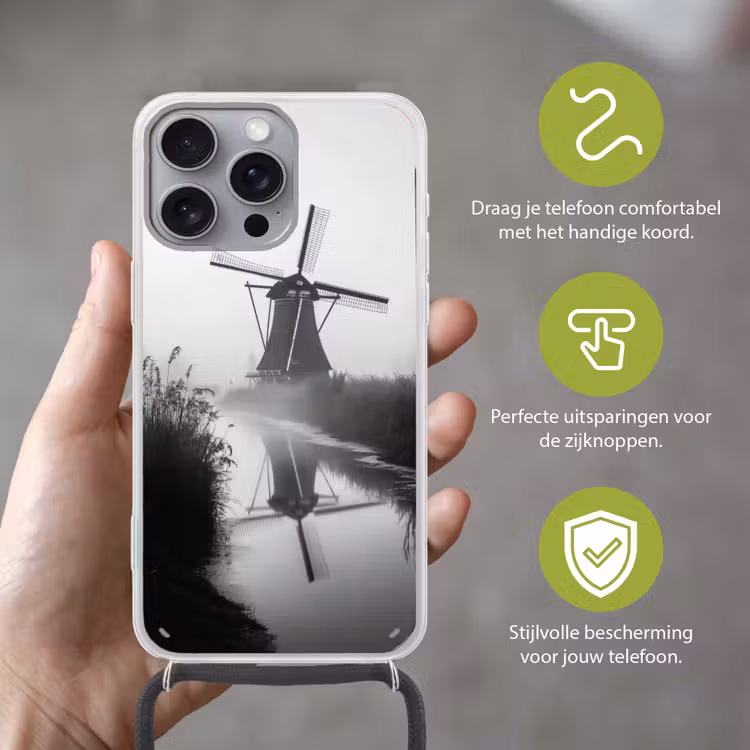 Molen - Weerspiegeling - Landschap - Water Hoesje iPhone 16 Pro Max met koord klein -sfeer2_NL