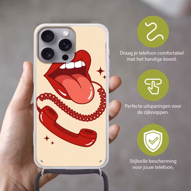 Mond - Telefoon - Popart - Rood - Illustratie Hoesje iPhone 16 Pro Max met koord klein -sfeer2_NL