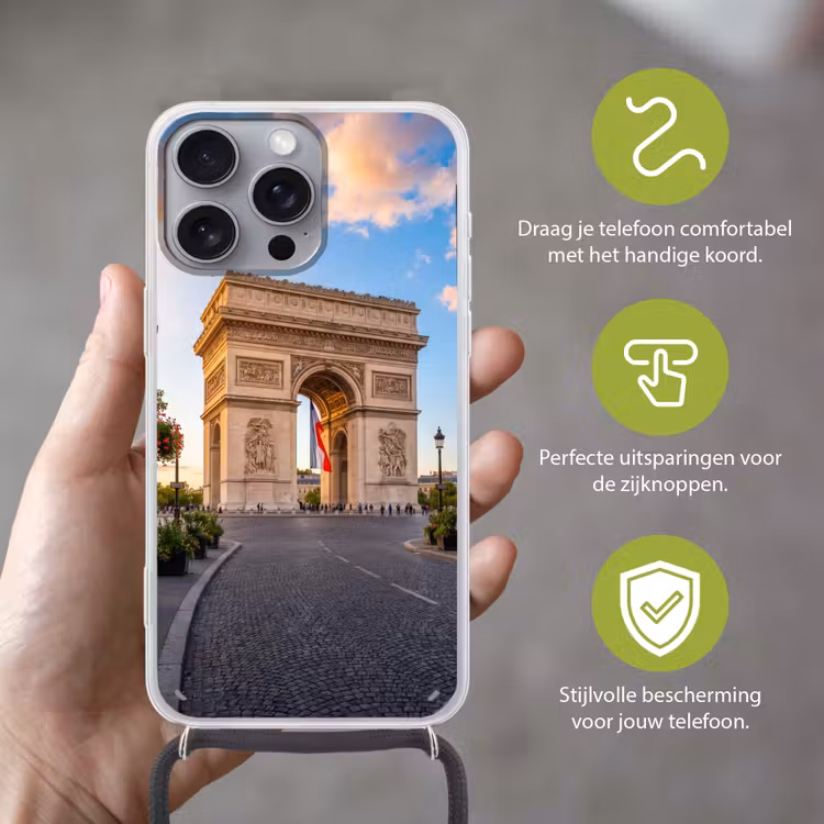 Monument - Parijs - Zonsondergang - Architectuur - Goud Hoesje iPhone 16 Pro Max met koord klein -sfeer2_NL