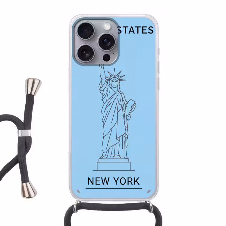 Monument - Vrijheidsbeeld - New York - Minimalistisch - Blauw Hoesje iPhone 16 Pro Max met koord klein -3d