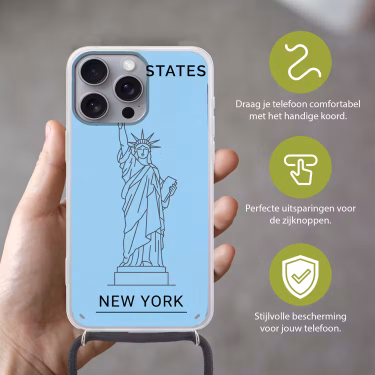 Monument - Vrijheidsbeeld - New York - Minimalistisch - Blauw Hoesje iPhone 16 Pro Max met koord klein -sfeer2_NL