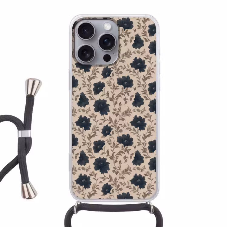 Motief - Bloemen - Zwart - Beige Hoesje iPhone 16 Pro Max met koord klein 804 -3d