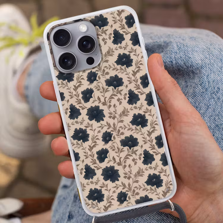 Motief - Bloemen - Zwart - Beige Hoesje iPhone 16 Pro Max met koord klein 804 -sfeer3