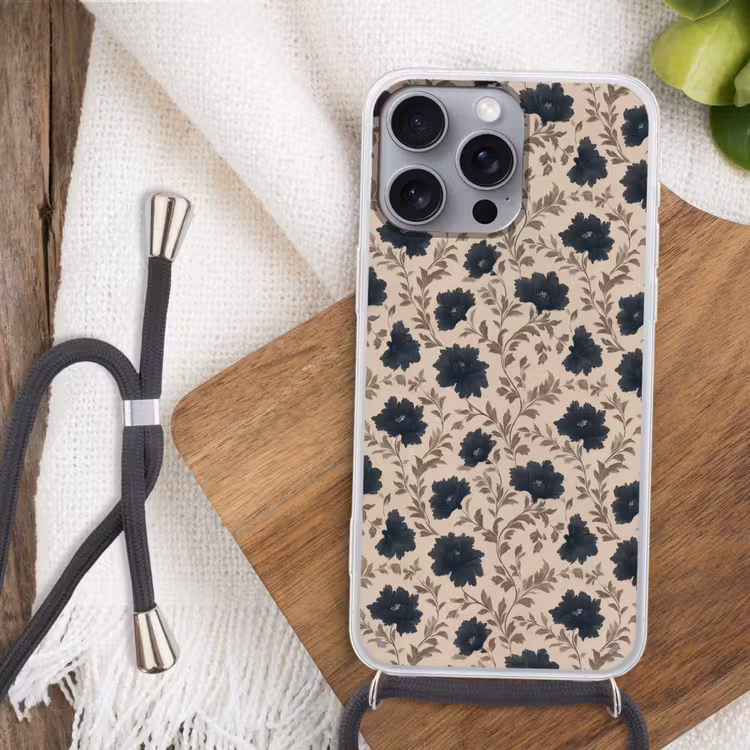 Motief - Bloemen - Zwart - Beige Hoesje iPhone 16 Pro Max met koord klein 804 -sfeer4