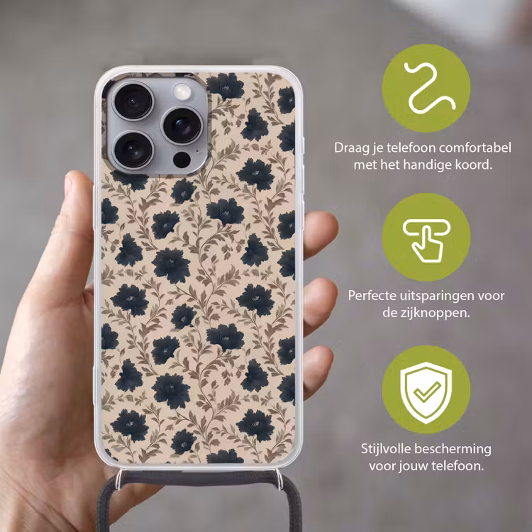 Motief - Bloemen - Zwart - Beige Hoesje iPhone 16 Pro Max met koord klein 804 -sfeer2_NL