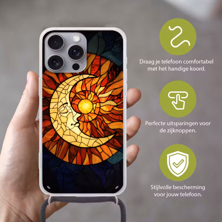 Mozaïek - Glas - Maan - Donkerblauw Hoesje iPhone 16 Pro Max met koord klein -sfeer2_NL