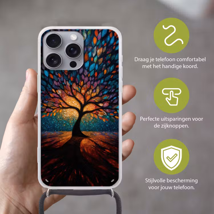 Mozaïek - Kleurrijk - Boom - Takken Hoesje iPhone 16 Pro Max met koord klein -sfeer2_NL