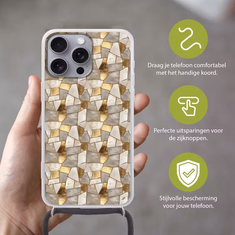 Mozaïek - Marmer - Goud Hoesje iPhone 16 Pro Max met koord klein 804 -sfeer2_NL
