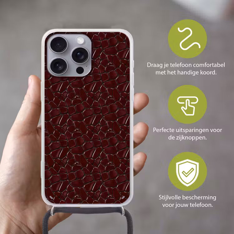 Mozaïek - Tegel - Bordeauxrood Hoesje iPhone 16 Pro Max met koord klein 804 -sfeer2_NL
