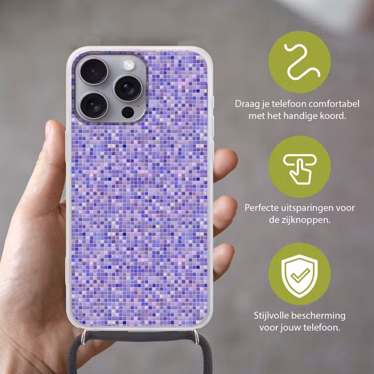 Mozaïek - Tegels - Lila - Amethist Hoesje iPhone 16 Pro Max met koord klein 804 -sfeer2_NL