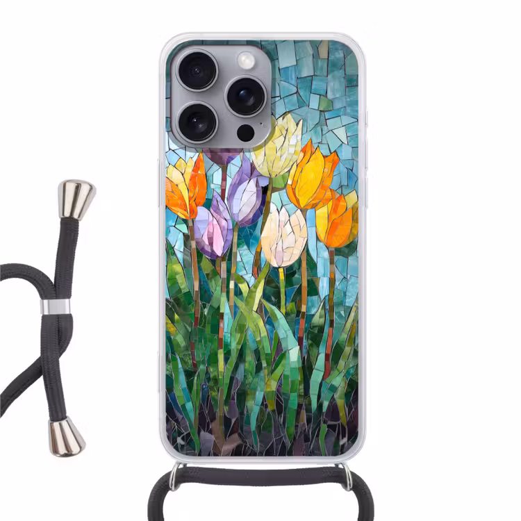Mozaïek - Veld - Tulpen - Kleurrijk Hoesje iPhone 16 Pro Max met koord klein -3d