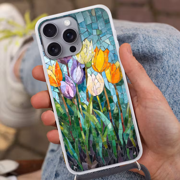 Mozaïek - Veld - Tulpen - Kleurrijk Hoesje iPhone 16 Pro Max met koord klein -sfeer3
