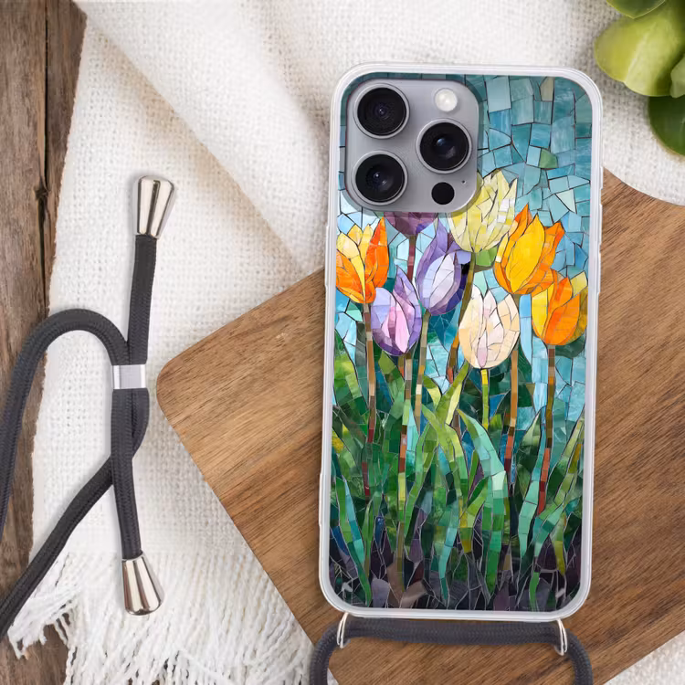 Mozaïek - Veld - Tulpen - Kleurrijk Hoesje iPhone 16 Pro Max met koord klein -sfeer4