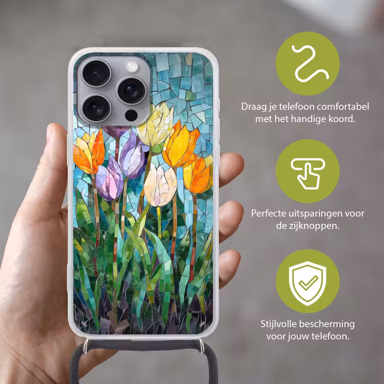 Mozaïek - Veld - Tulpen - Kleurrijk Hoesje iPhone 16 Pro Max met koord klein -sfeer2_NL