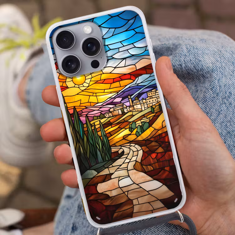 Mozaïek - Zon - Landschap - Dorp Hoesje iPhone 16 Pro Max met koord klein -sfeer3