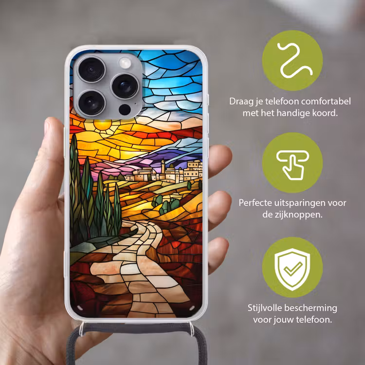 Mozaïek - Zon - Landschap - Dorp Hoesje iPhone 16 Pro Max met koord klein -sfeer2_NL