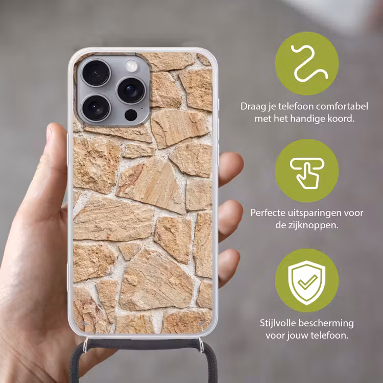 Muur - Steen - Patroon - Rustiek - Beige Hoesje iPhone 16 Pro Max met koord klein -sfeer2_NL