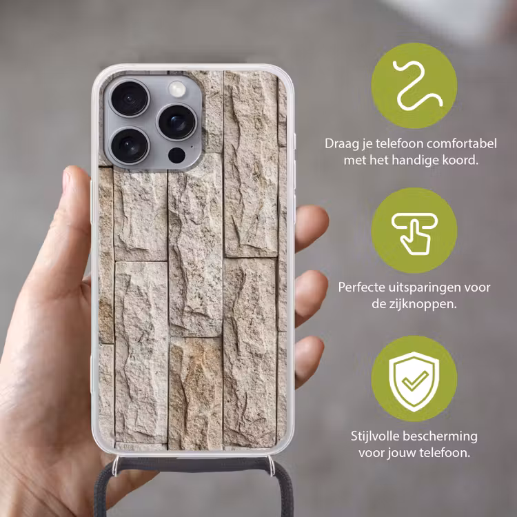 Muur - Steen - Ruw - Beige - Textuur Hoesje iPhone 16 Pro Max met koord klein -sfeer2_NL