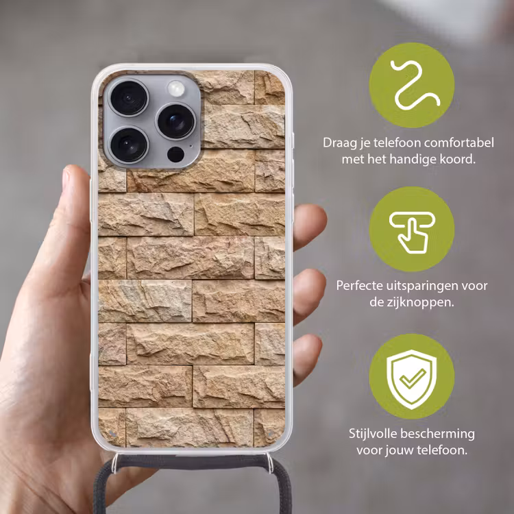 Muur - Steen - Ruw - Textuur - Beige Hoesje iPhone 16 Pro Max met koord klein -sfeer2_NL