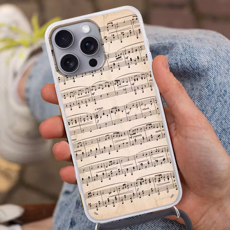 Muzieknotatie - Notenbalken - Kunst - Klassiek - Beige Hoesje iPhone 16 Pro Max met koord klein -sfeer3