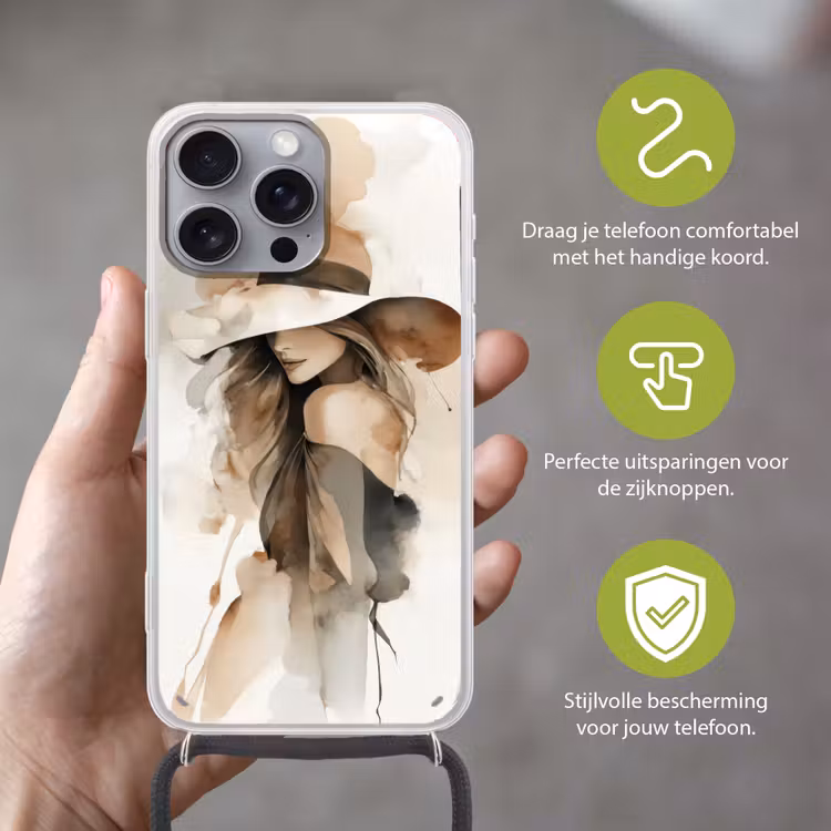 Mysterieus - Vrouw - Sepia Hoesje iPhone 16 Pro Max met koord klein -sfeer2_NL