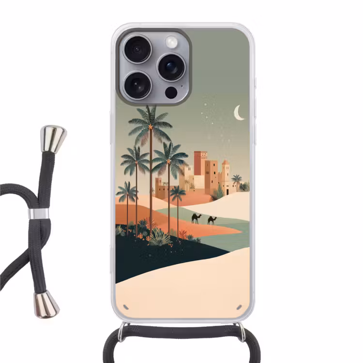 Nachtlandschap - Kamelen - Sterren - zandduinden Hoesje iPhone 16 Pro Max met koord klein -3d
