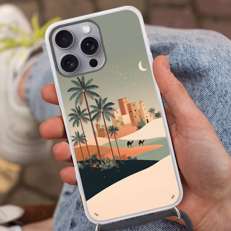 Nachtlandschap - Kamelen - Sterren - zandduinden Hoesje iPhone 16 Pro Max met koord klein -sfeer3