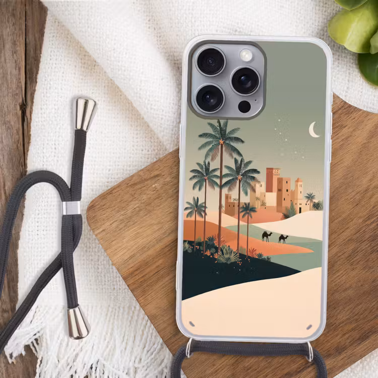 Nachtlandschap - Kamelen - Sterren - zandduinden Hoesje iPhone 16 Pro Max met koord klein -sfeer4