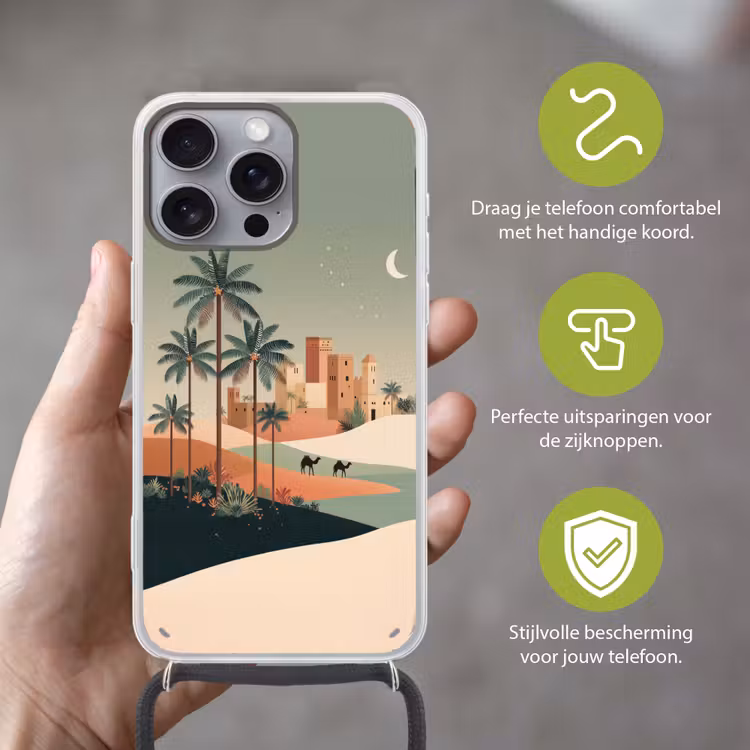 Nachtlandschap - Kamelen - Sterren - zandduinden Hoesje iPhone 16 Pro Max met koord klein -sfeer2_NL