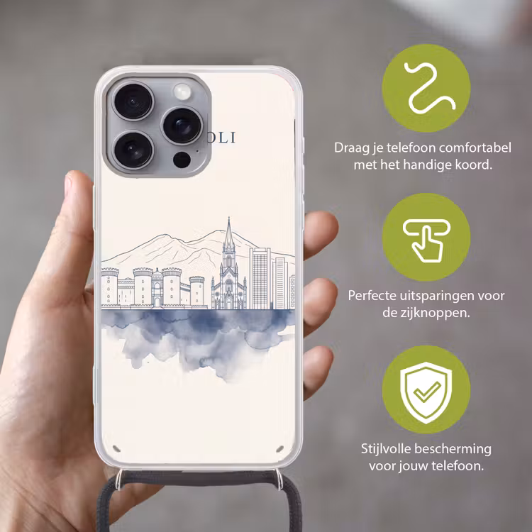 Napels - Skyline - Italie - Lijntekening - Aquarel Hoesje iPhone 16 Pro Max met koord klein -sfeer2_NL