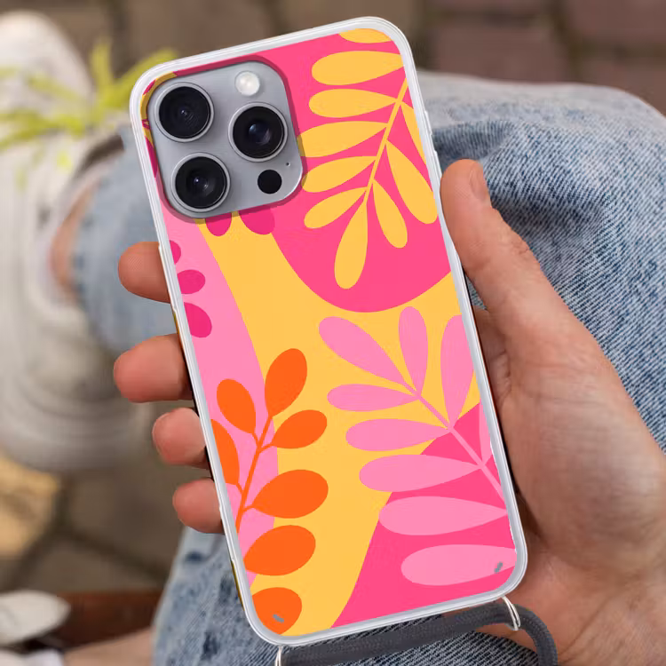 Natuur - Bladeren - Abstract - Roze - Geel Hoesje iPhone 16 Pro Max met koord klein -sfeer3