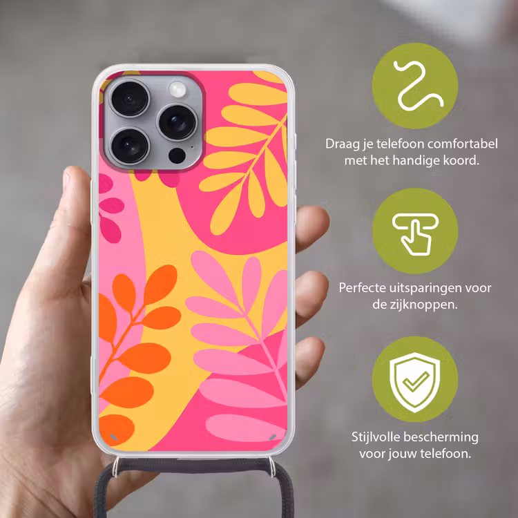 Natuur - Bladeren - Abstract - Roze - Geel Hoesje iPhone 16 Pro Max met koord klein -sfeer2_NL