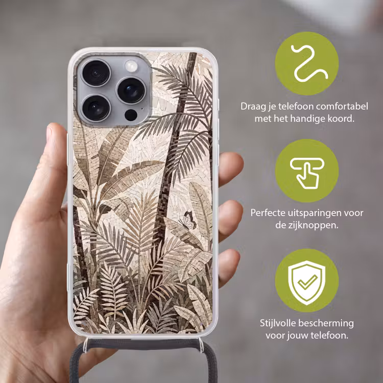 Natuur - Bladeren - Landschap - Mozaïek - Beige Hoesje iPhone 16 Pro Max met koord klein -sfeer2_NL