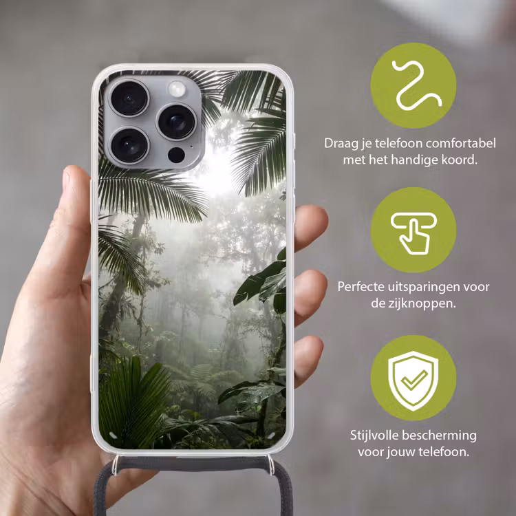 Natuur - Jungle - Mist - Groen - Bladeren Hoesje iPhone 16 Pro Max met koord klein -sfeer2_NL